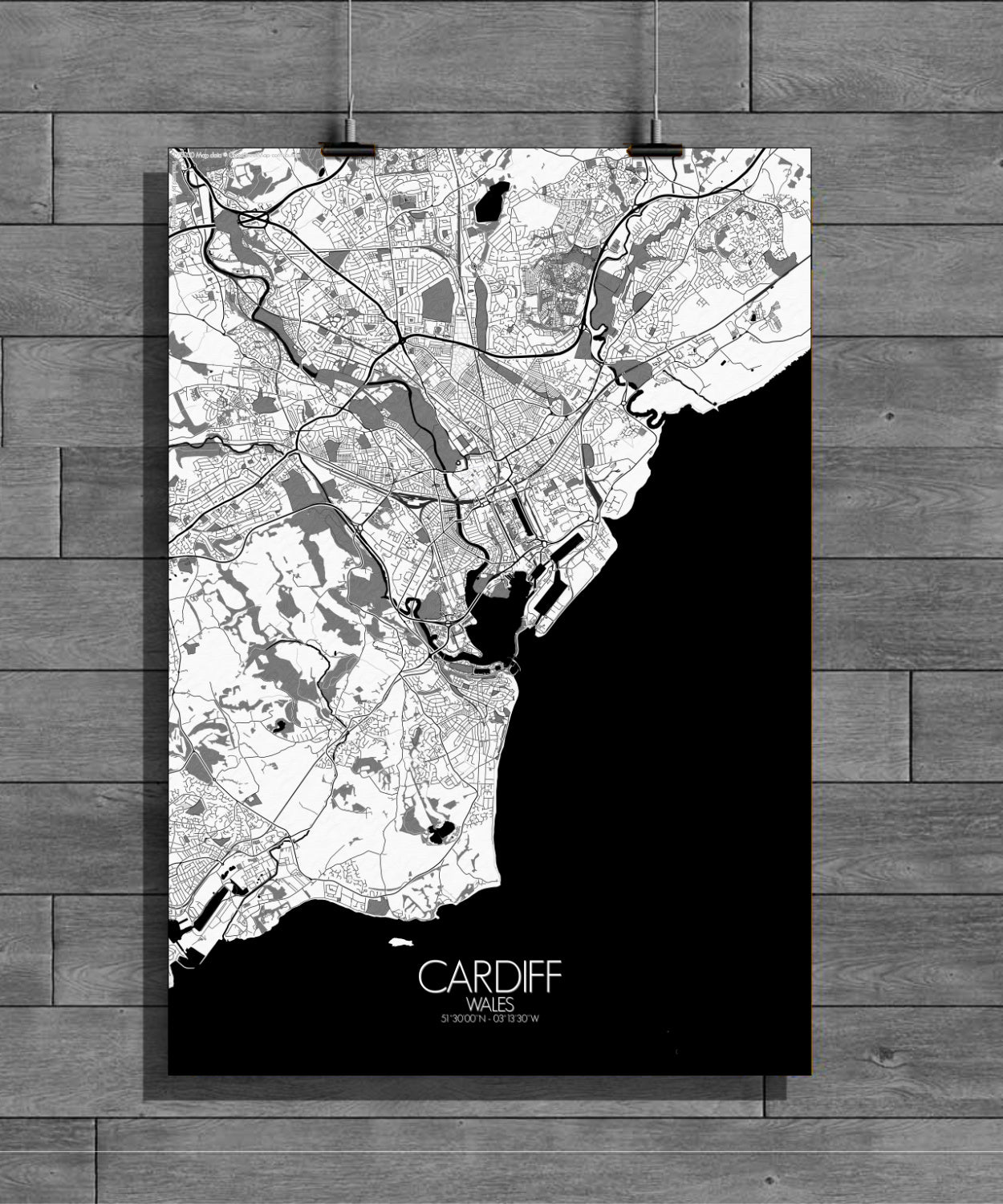 Mapospheres Cardiff Black and White dark full page design poster city map