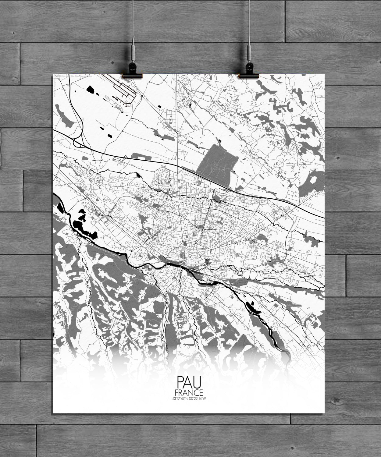 Pau Black and White full page design poster city map