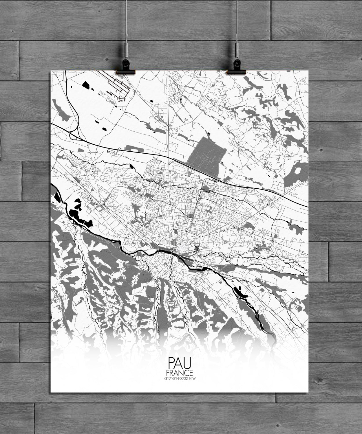 Pau Black and White full page design poster city map