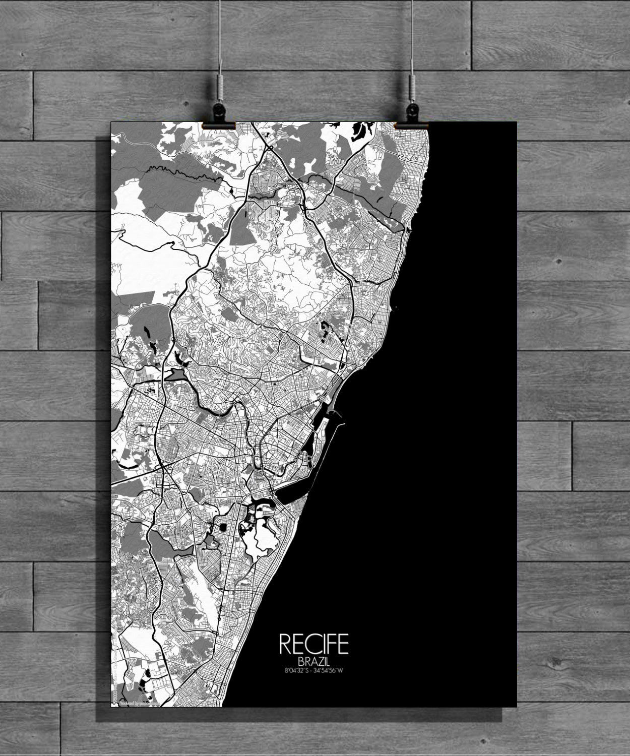 Recife Black and White full page design poster city map