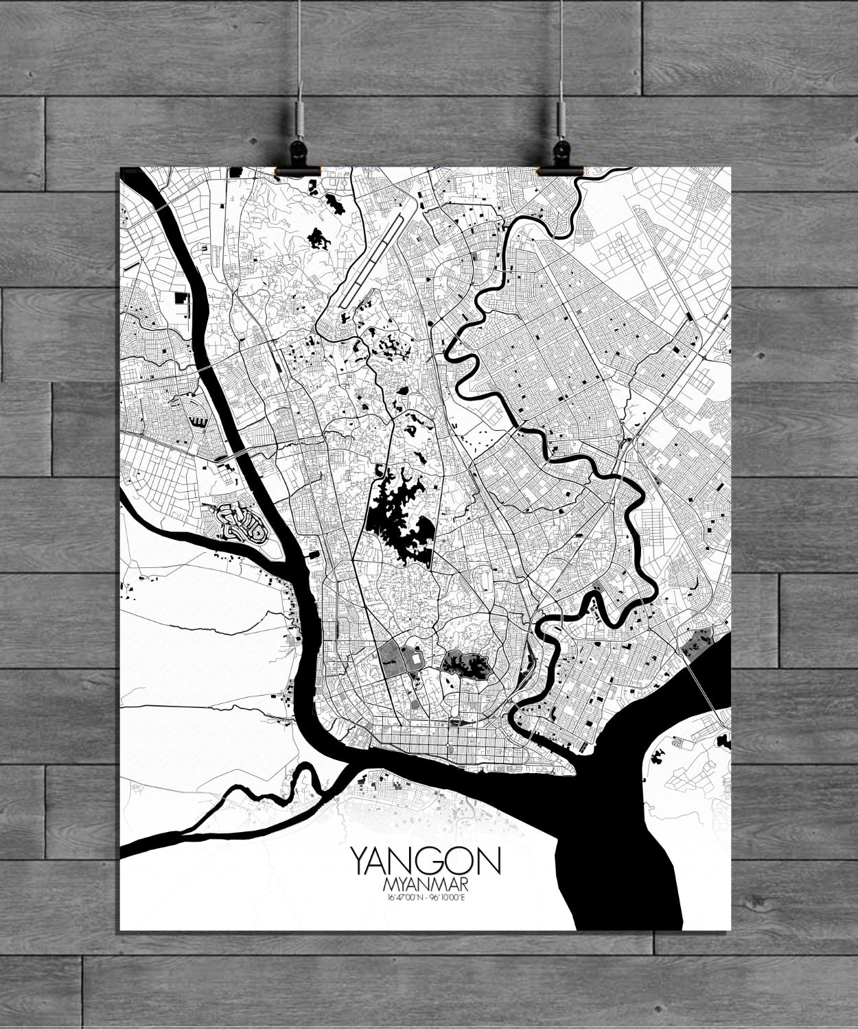 Yangon Black and White full page design poster city map