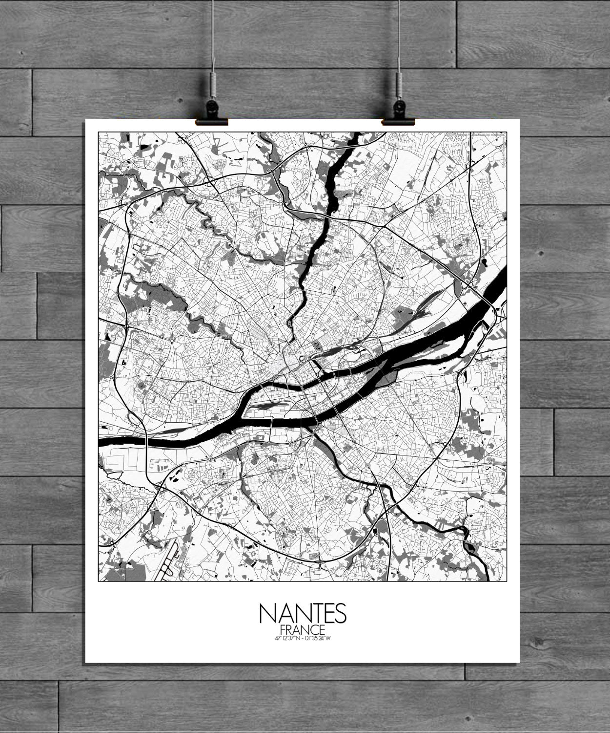 Mapospheres Nantes Black and White full page design poster city map
