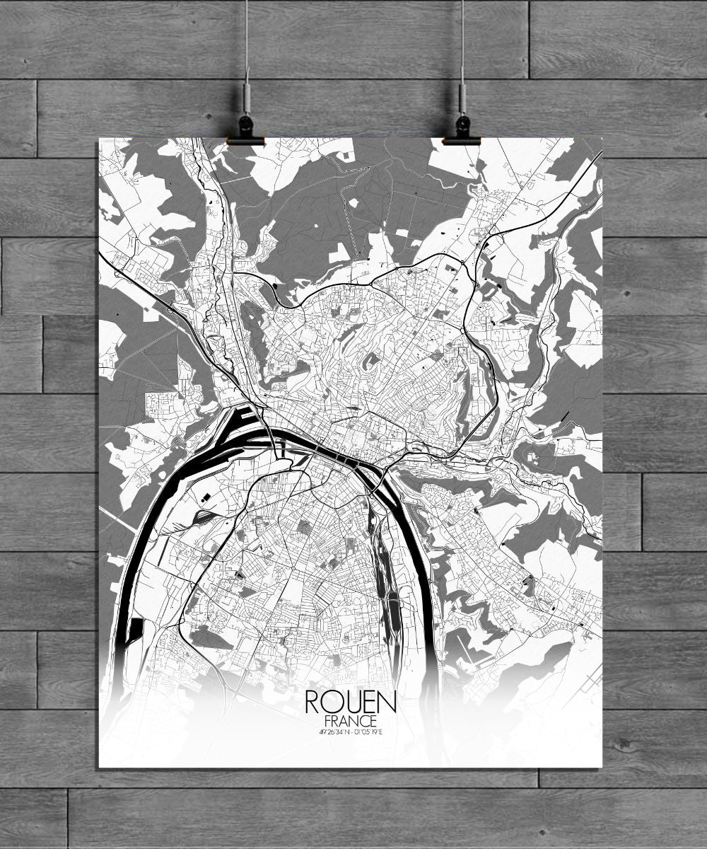 Mapospheres Rouen Black and White full page design poster city map