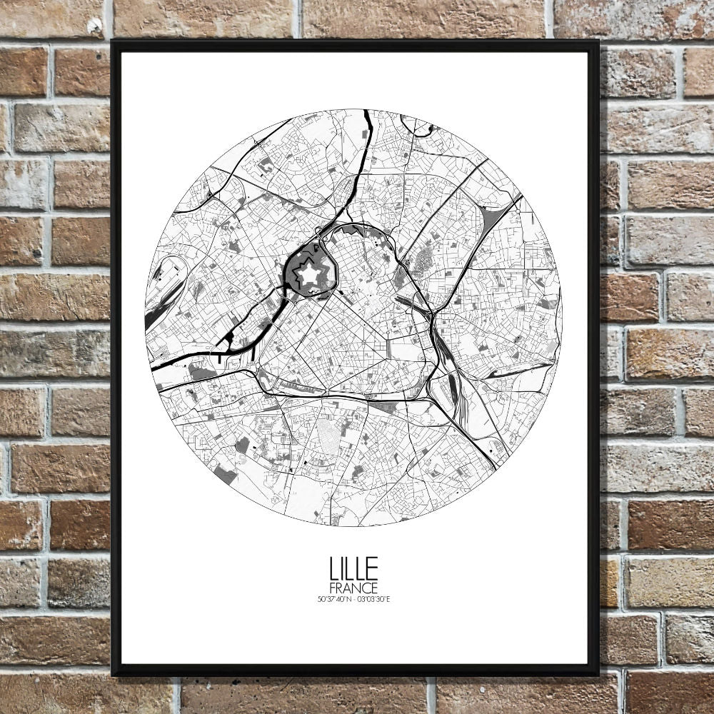 Mapospheres Lille Black and White round shape design poster city map