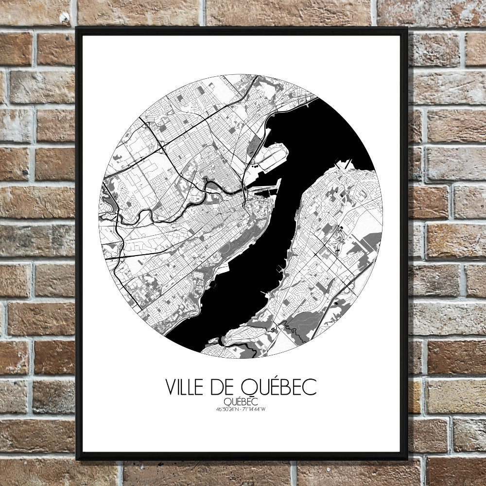 Mapospheres Quebec Black and White round shape design poster city map