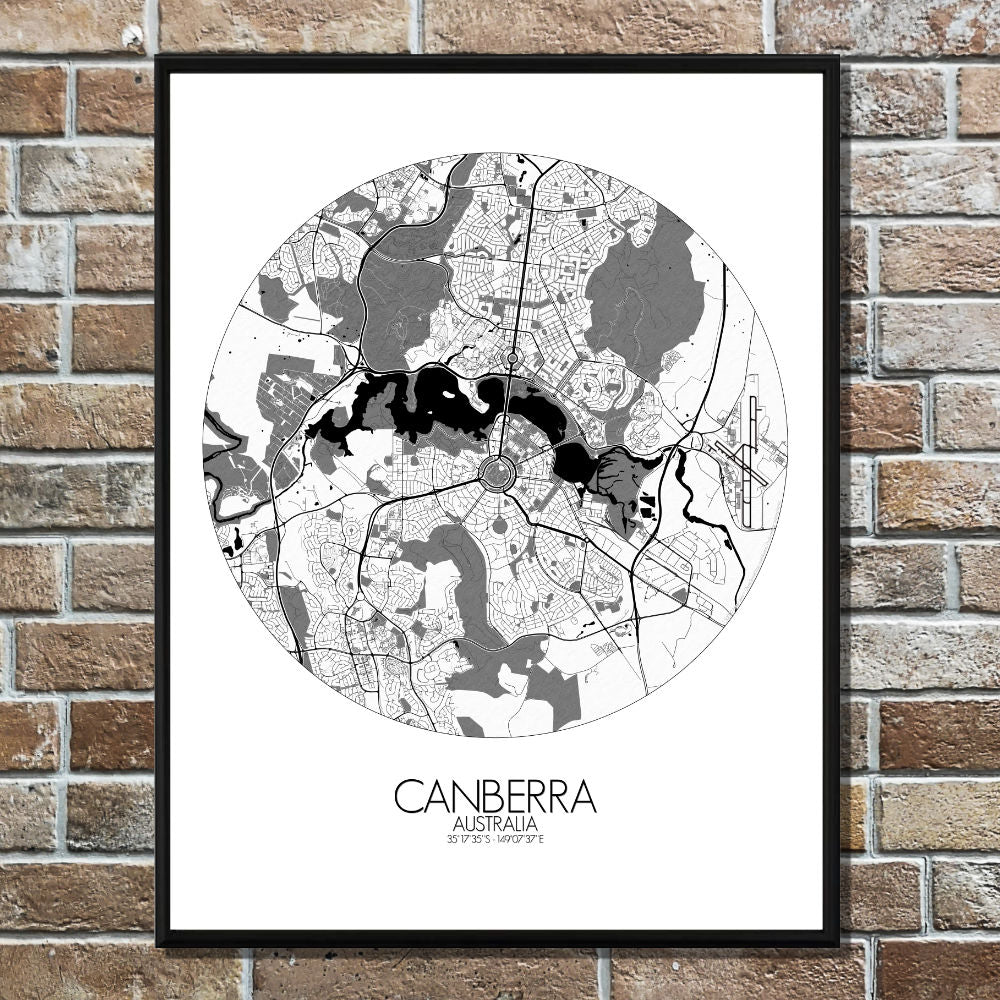 Mapospheres Canberra Black and White round shape design poster city map