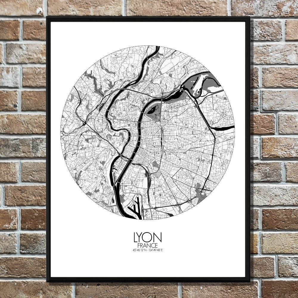 Mapospheres Lyon Black and White round shape design poster city map