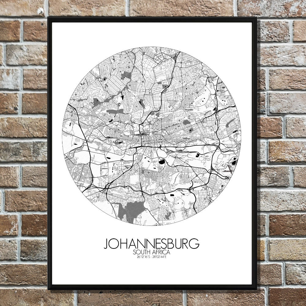 Mapospheres Johannesburg Black and White round shape design poster city map