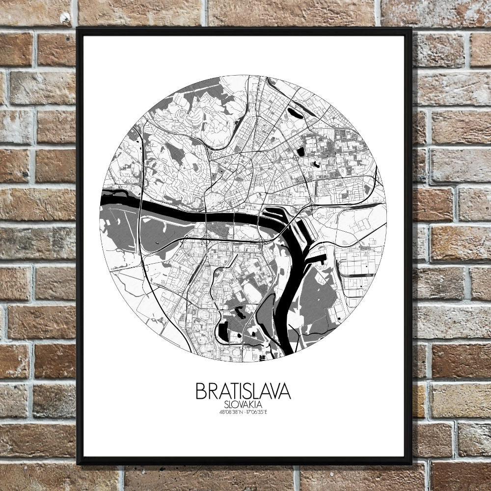 Mapospheres Bratislava Black and White round shape design poster city map