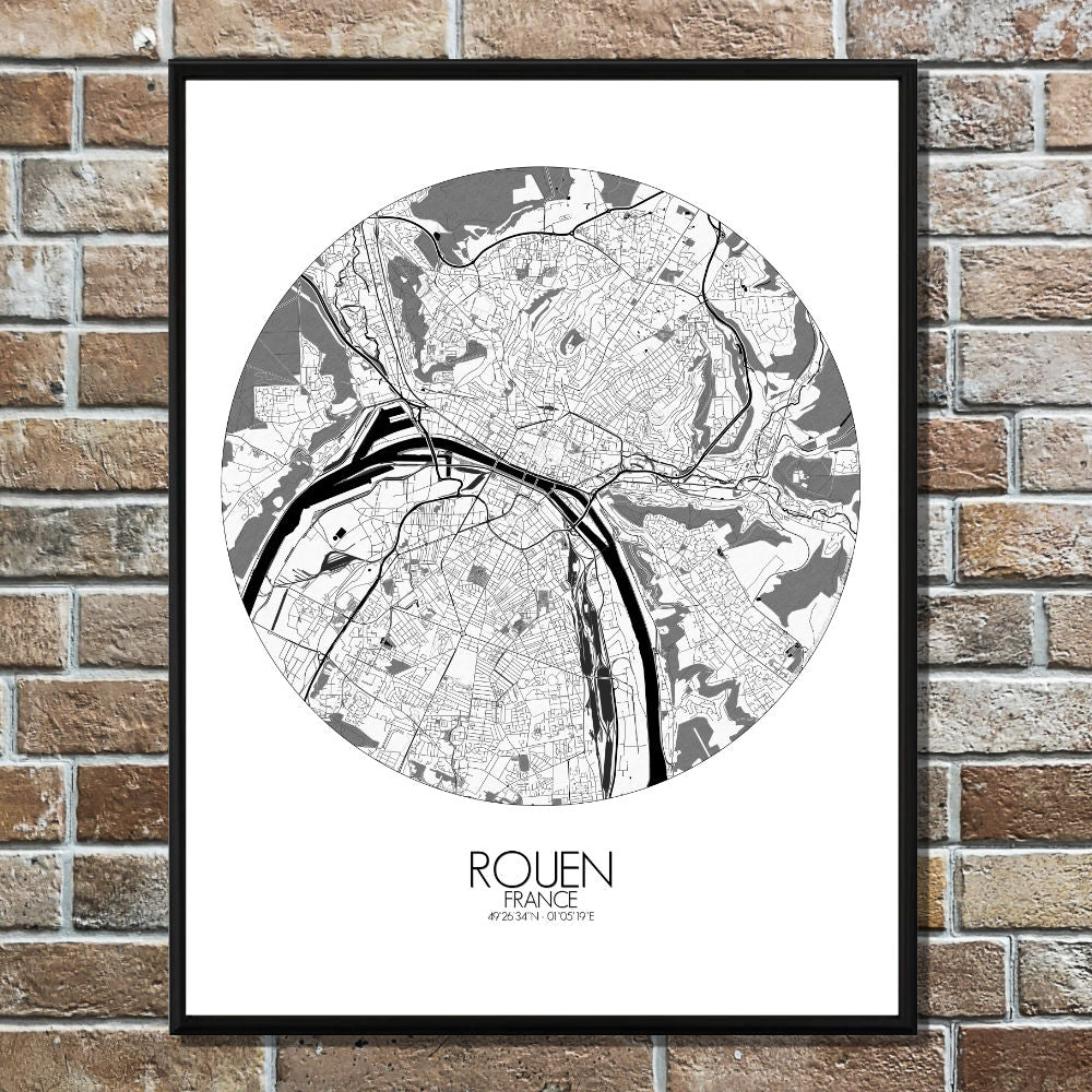 Mapospheres Rouen Black and White round shape design poster city map