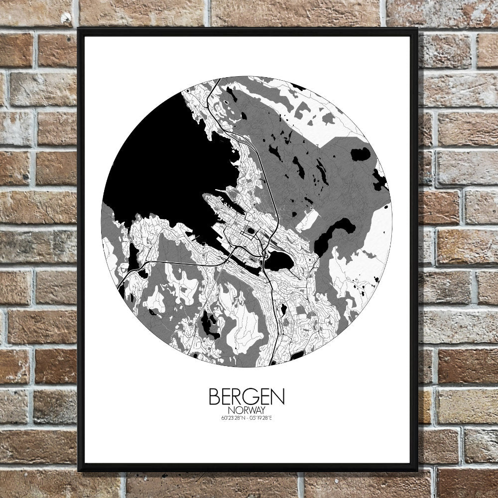 Mapospheres Bergen Black and White round shape design poster city map