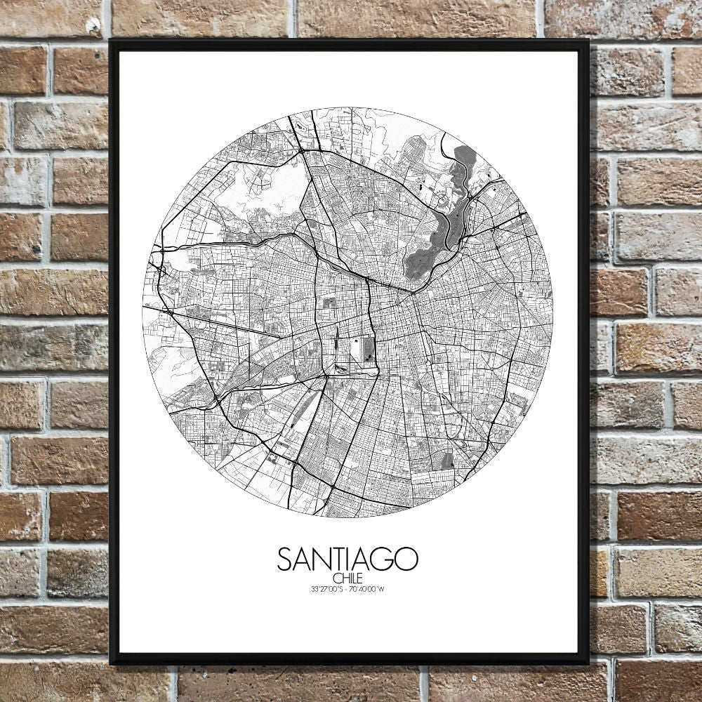 Mapospheres Santiago Black and White round shape design poster city map