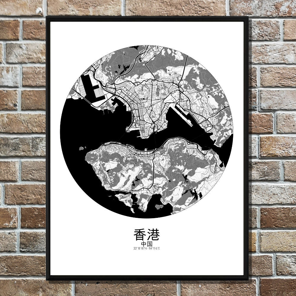 Mapospheres Hong Kong Black and White round shape design poster city map