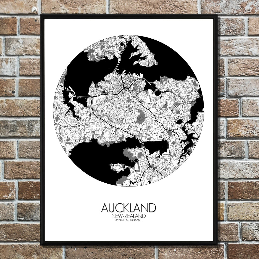 Auckland Black and White round shape design poster city map
