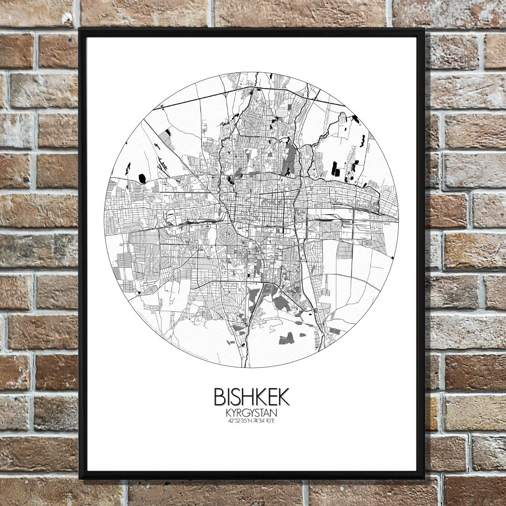 Bishkek Black and White round shape design poster city map