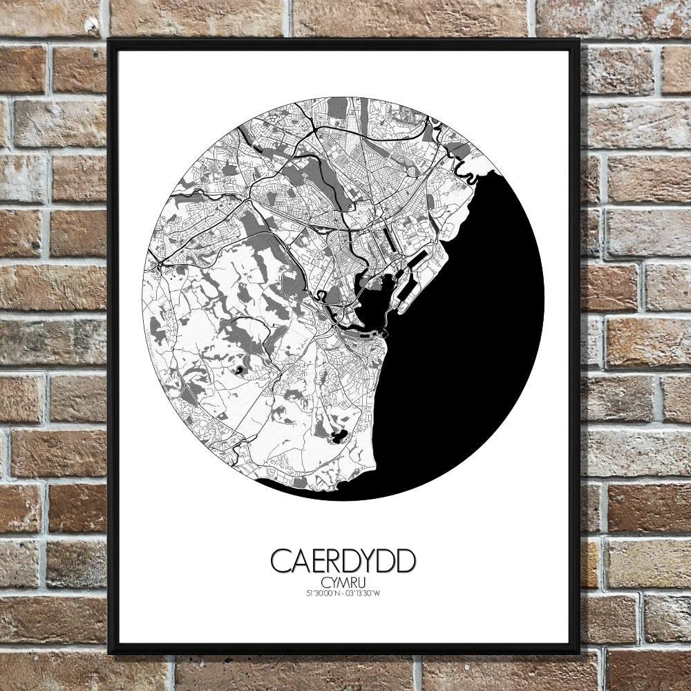 Cardiff Black and White round shape design poster city map