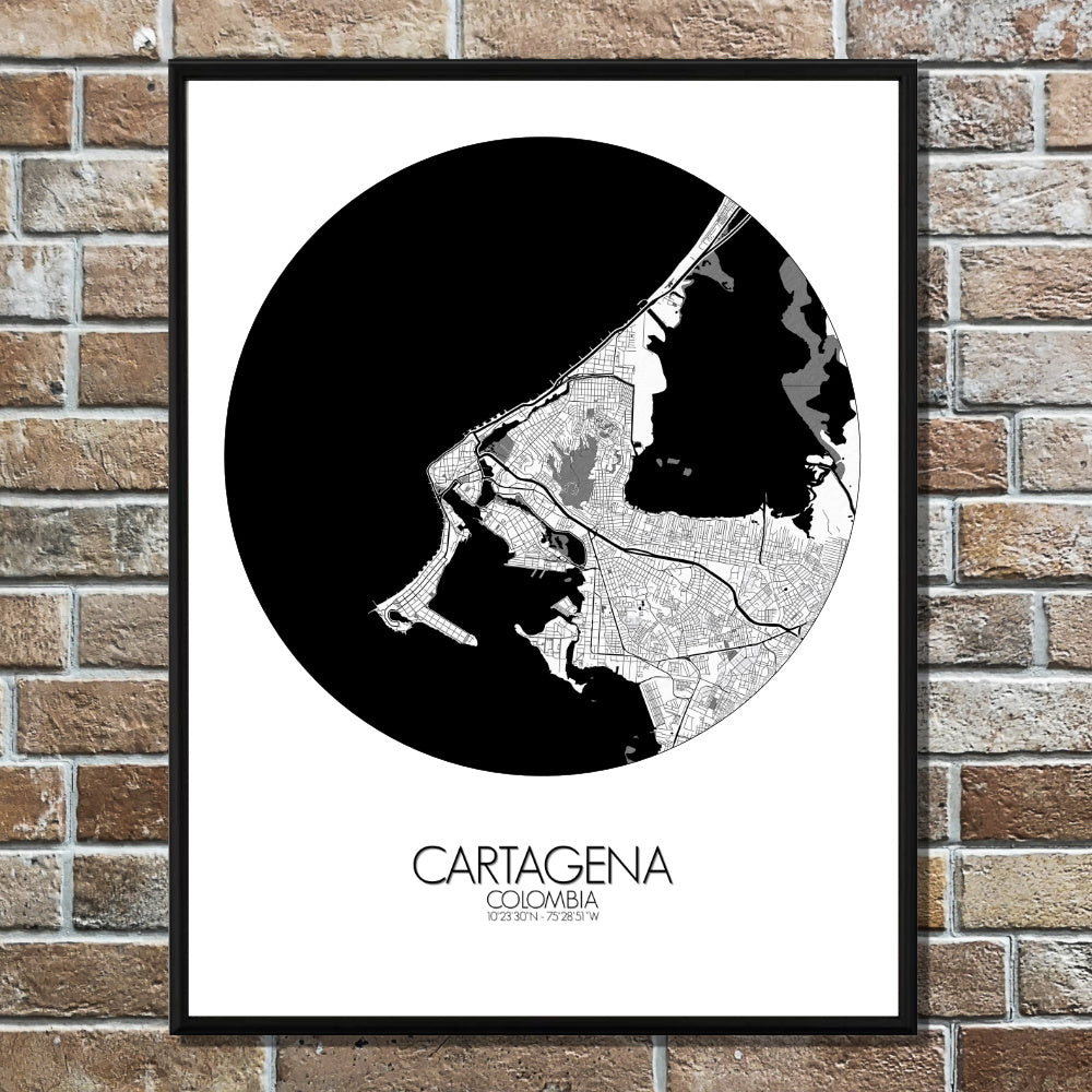 Cartagena Black and White round shape design poster city map
