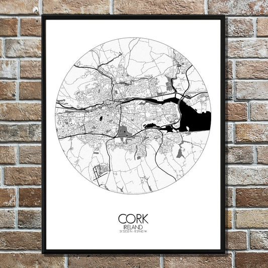 Mapospheres Cork Black and White round shape design poster city map