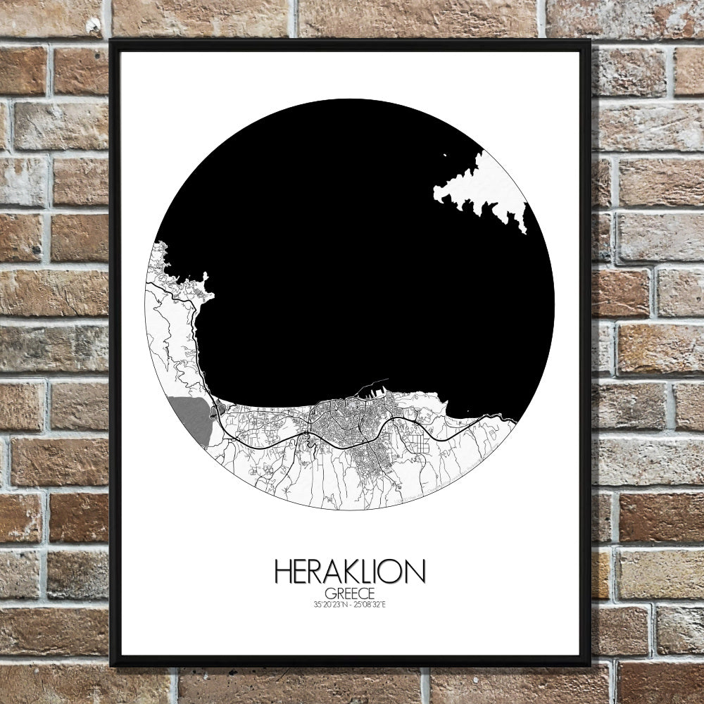Mapospheres Heraklion Black and White round shape design poster city map