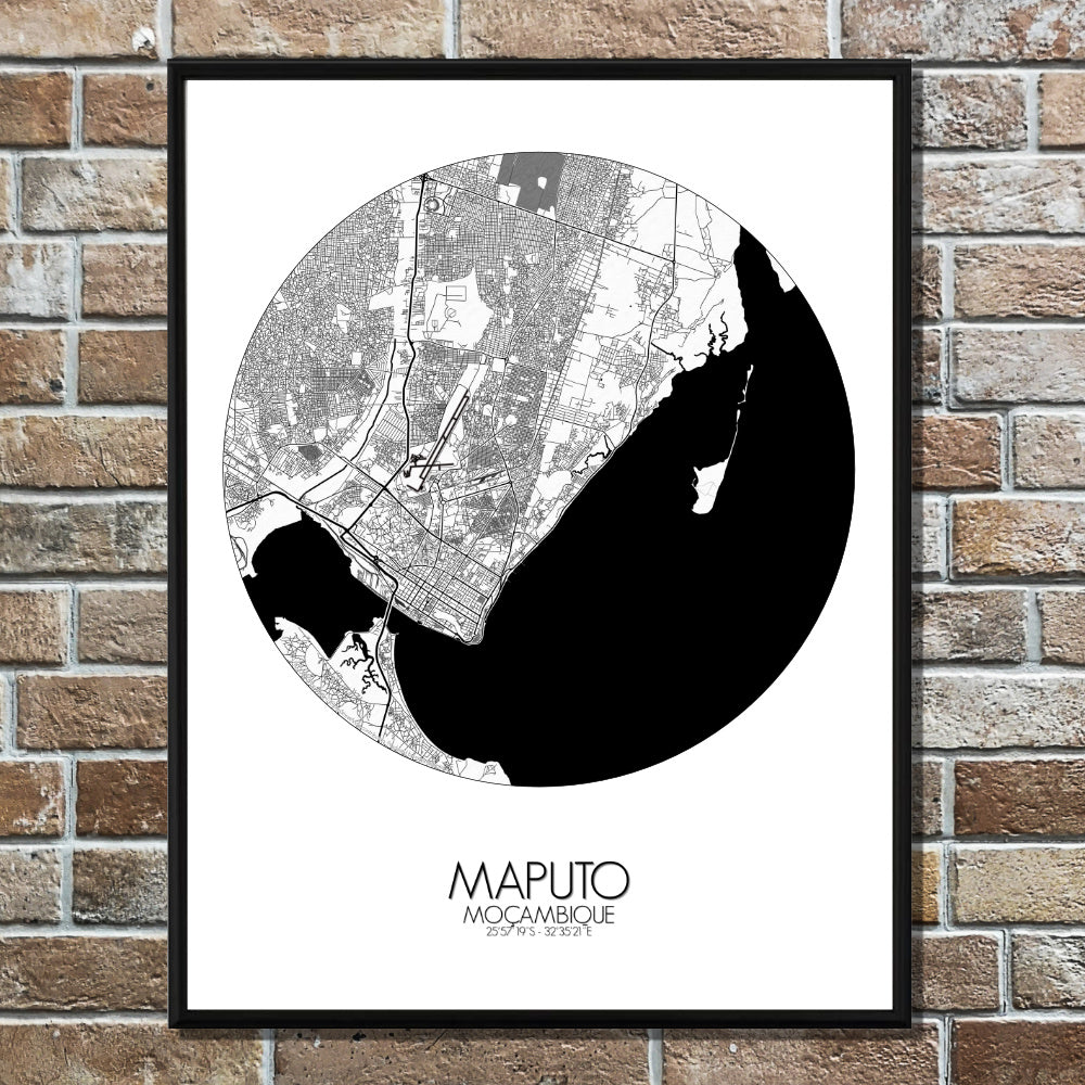 Maputo Black and White round shape design poster city map