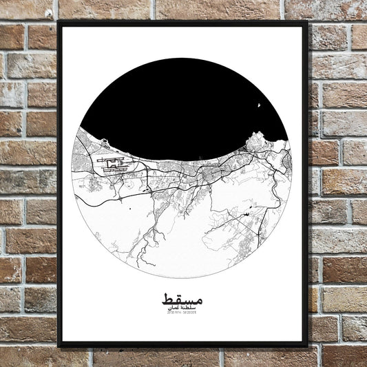 Muscat Black and White round shape design poster city map