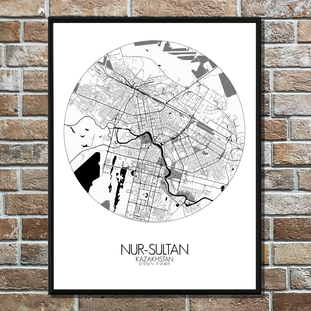 Nur Sultan Black and White full page design poster city map