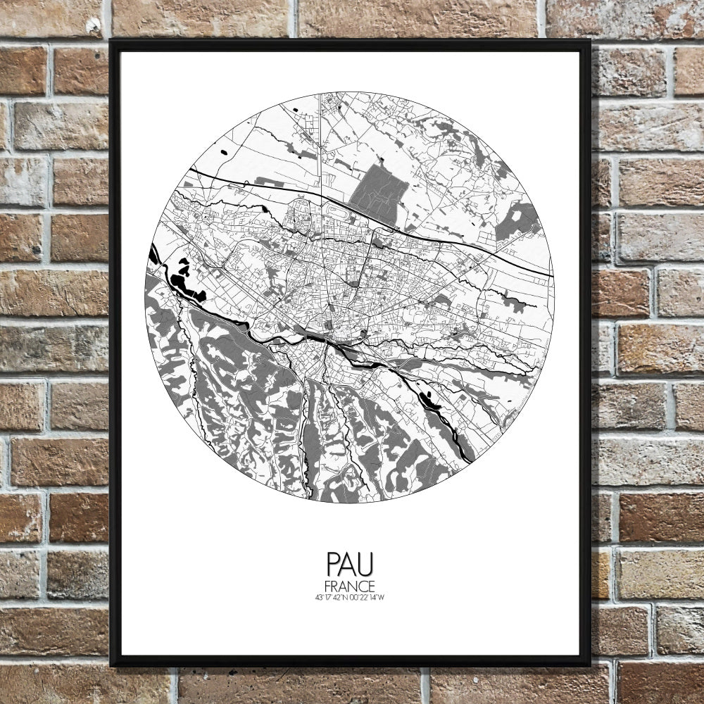 Pau Black and White round shape design poster city map