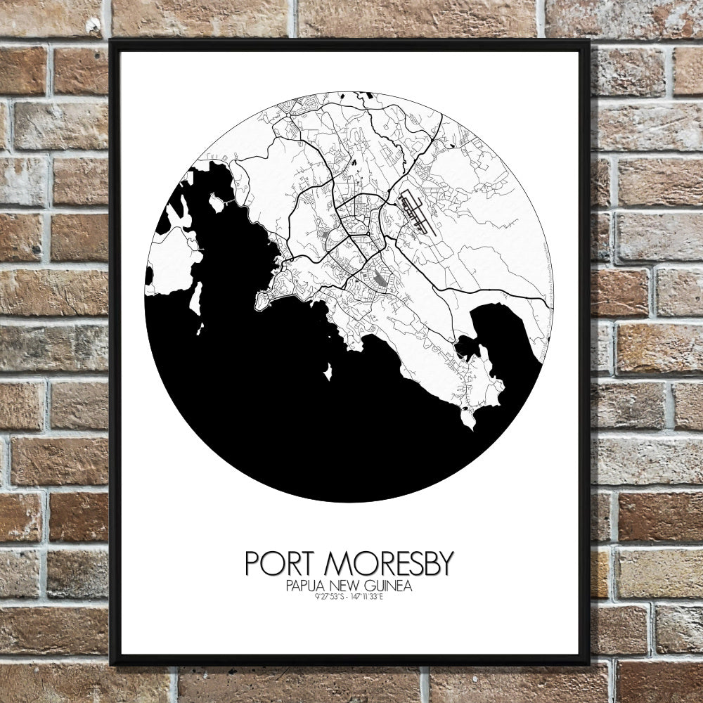 Port Moresby Black and White round shape design poster city map