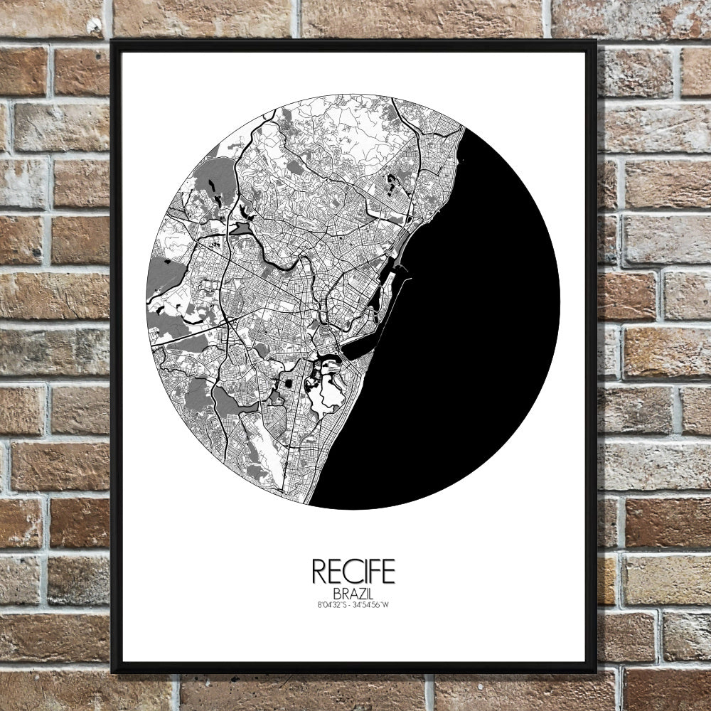 Recife Black and White round shape design poster city map