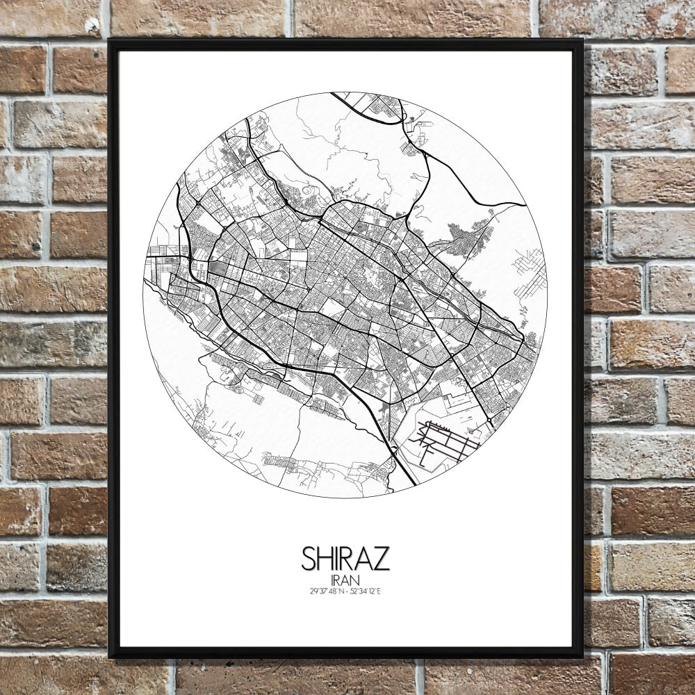 Shiraz Black and White round shape design poster city map