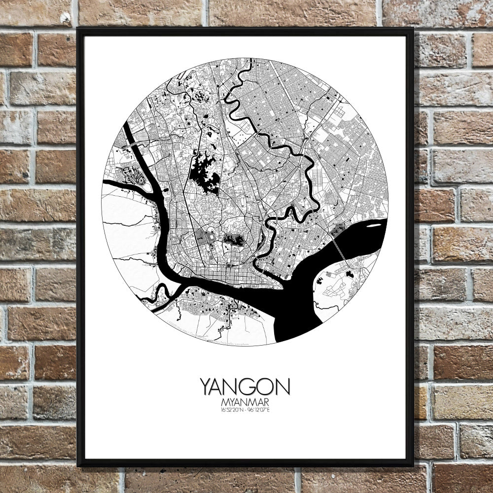 Yangon Black and White round shape design poster city map