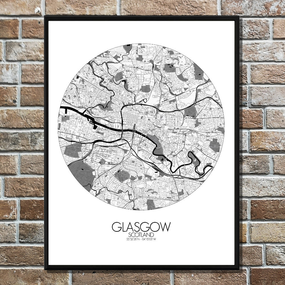 Mapospheres Glasgow Black and White round shape design poster city map