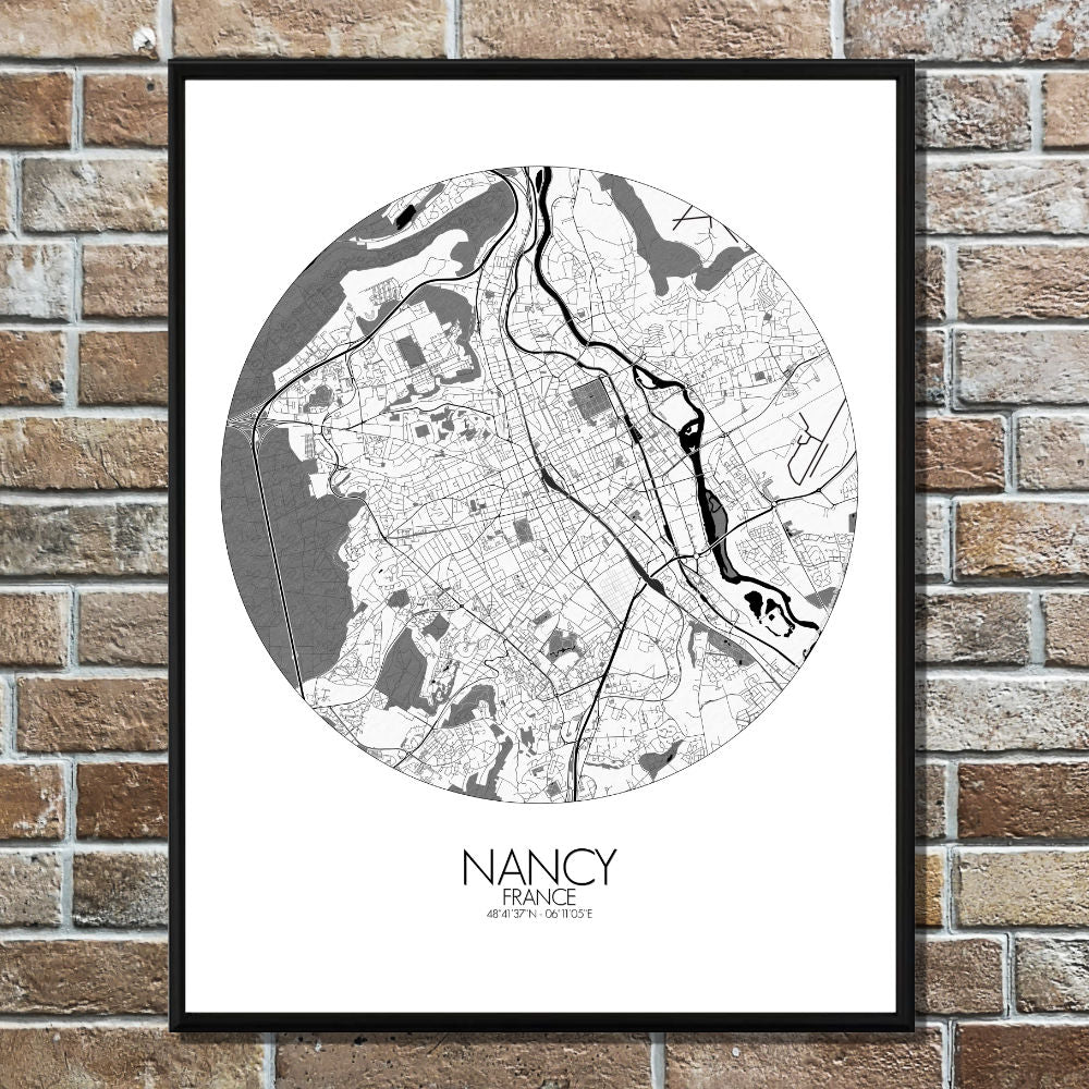 Mapospheres Nancy Black and White round shape design poster city map