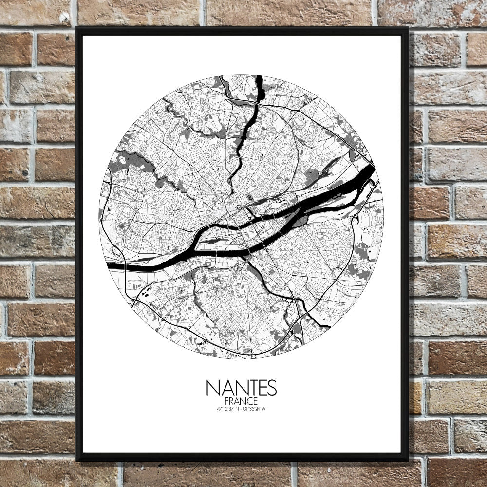 Mapospheres Nantes Black and White round shape design poster city map
