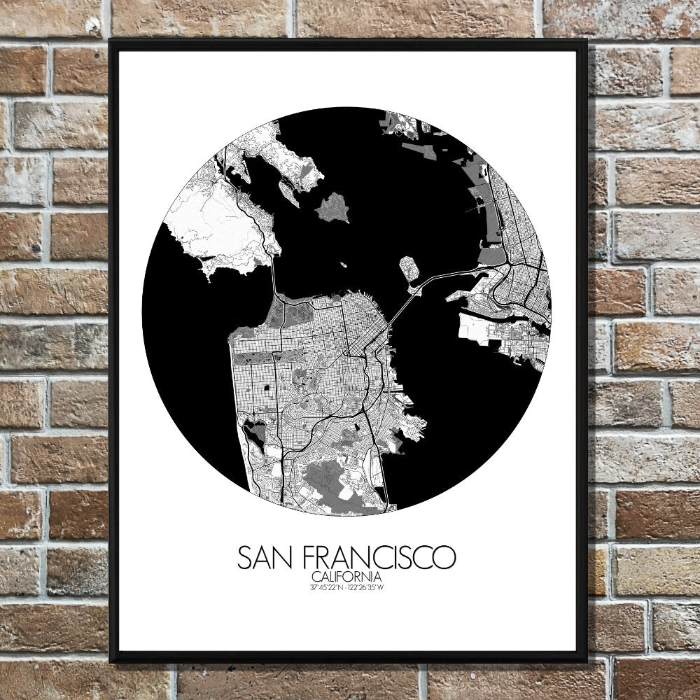 Mapospheres San Francisco Black and White round shape design poster city map