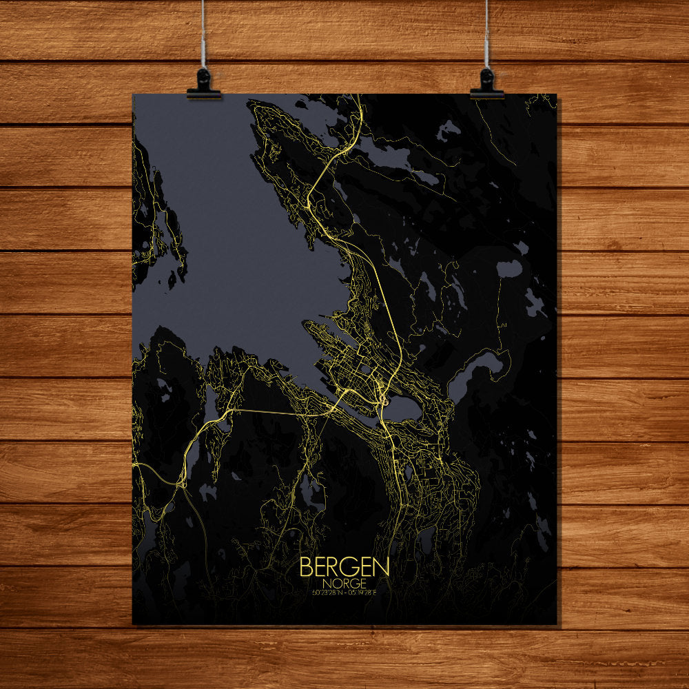 Mapospheres Bergen Night full page design poster city map