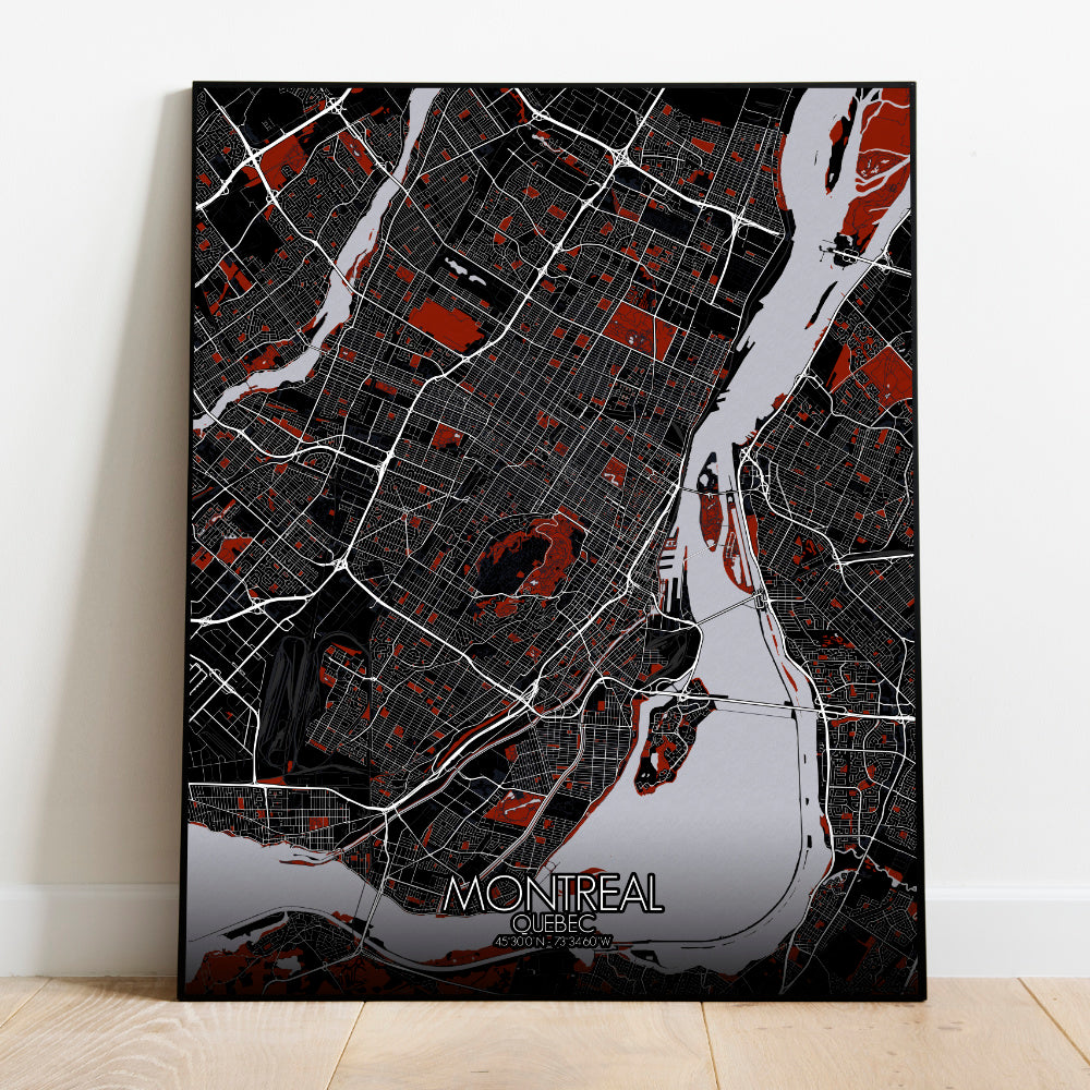 Mapospheres Montreal Red dark full page design poster city map