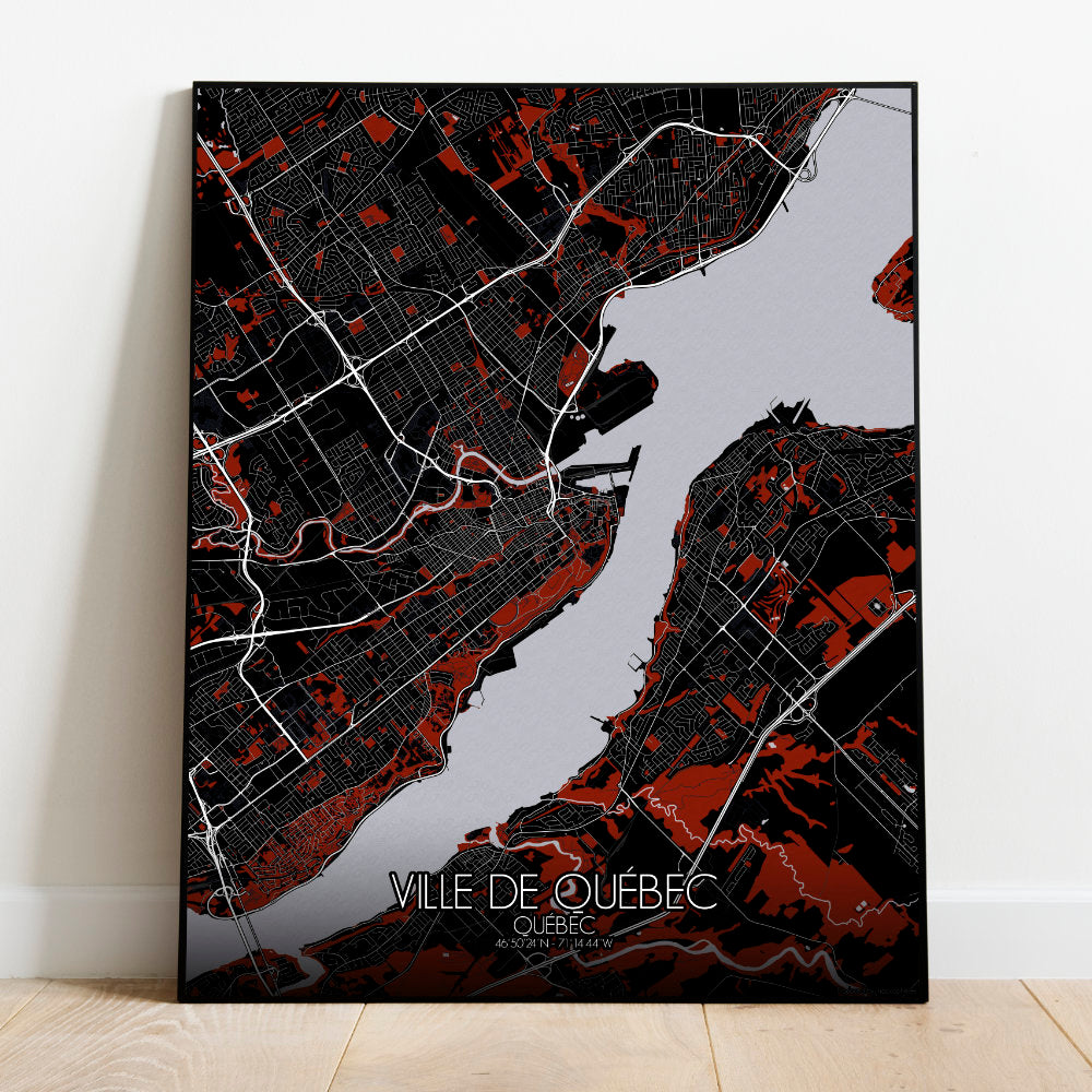 Mapospheres Quebec Red dark full page design poster city map