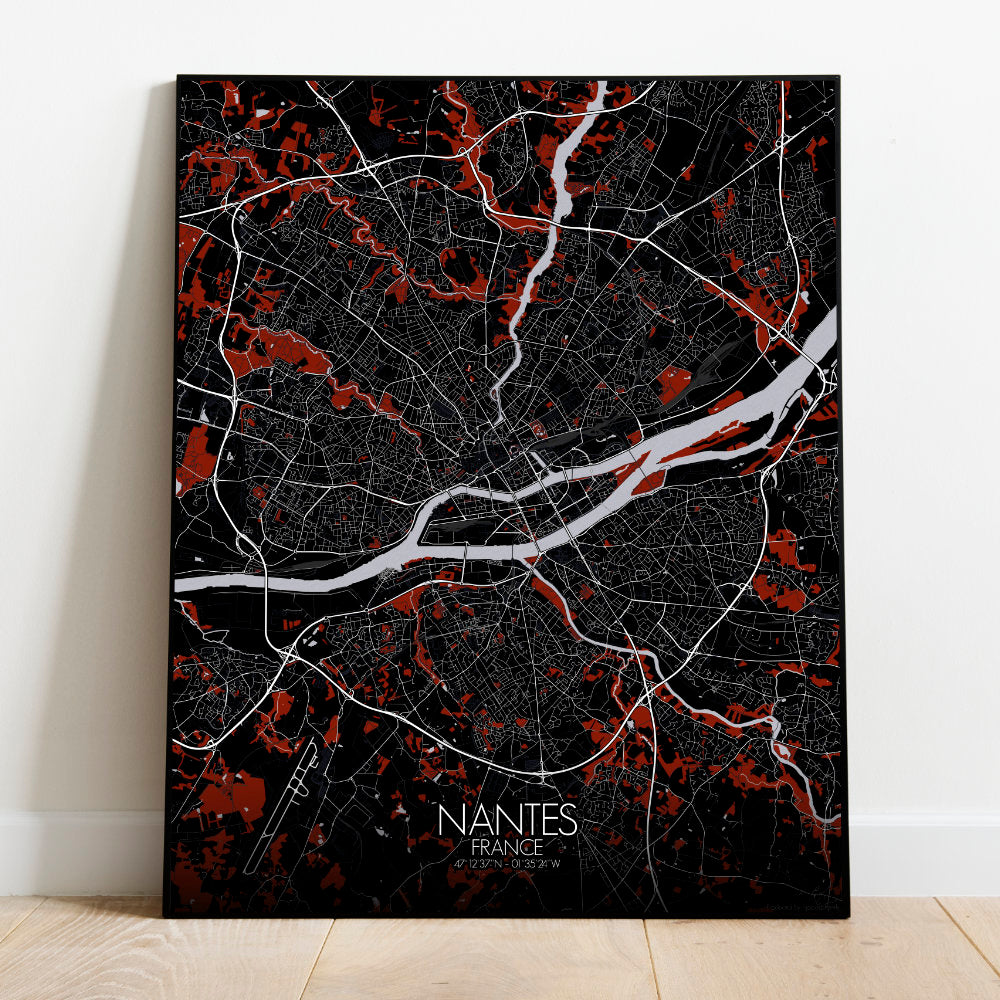 Mapospheres Nantes Red dark full page design poster city map