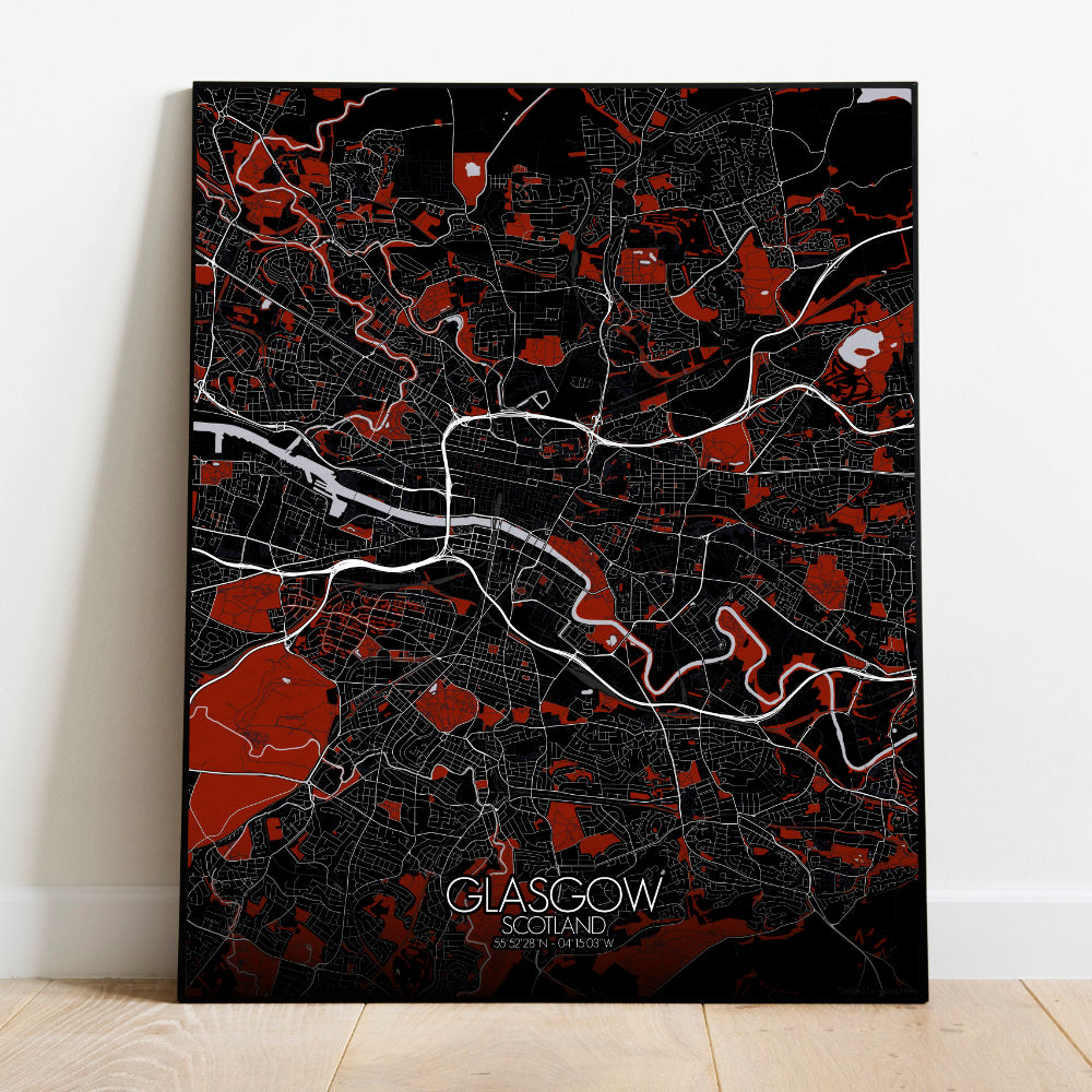 Mapospheres Glasgow Red dark full page design poster city map