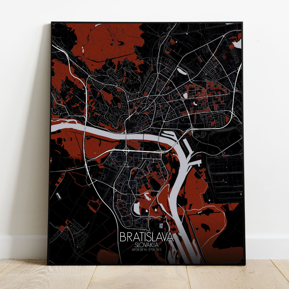 Mapospheres Bratislava Red dark full page design poster city map
