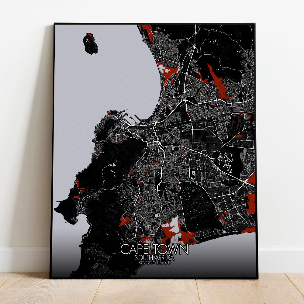 Mapospheres Cape Town Red dark full page design poster city map