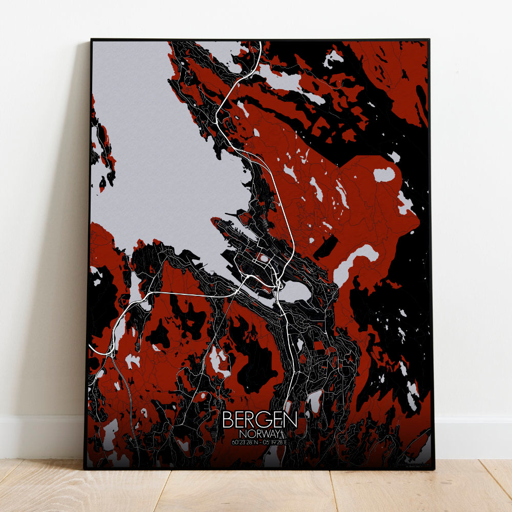 Mapospheres Bergen Red dark full page design poster city map