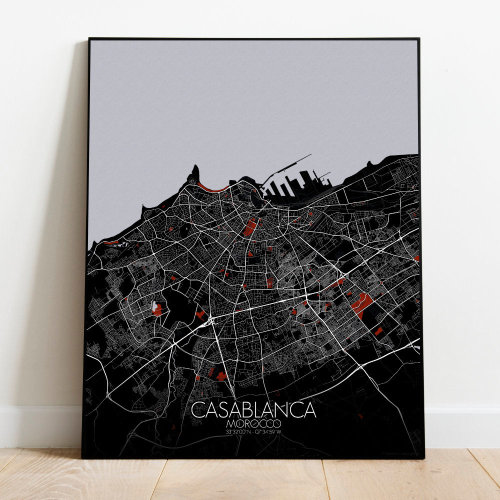 Mapospheres Casablanca Red dark full page design poster city map