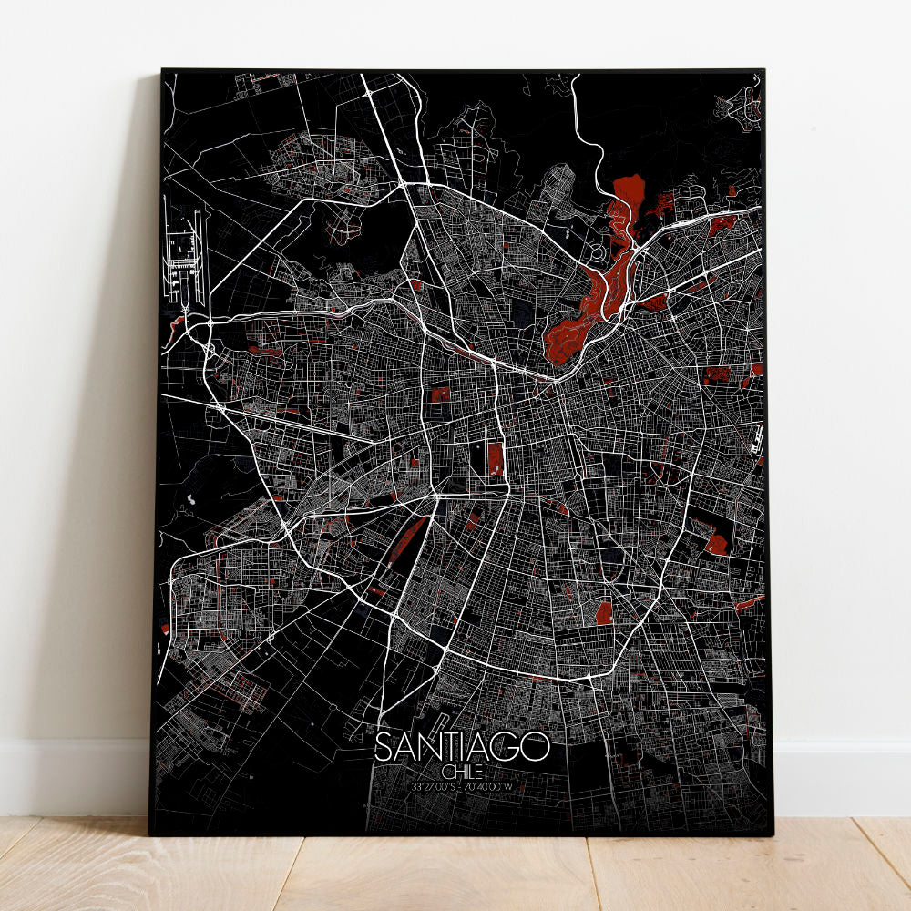 Mapospheres Santiago Red dark full page design poster city map