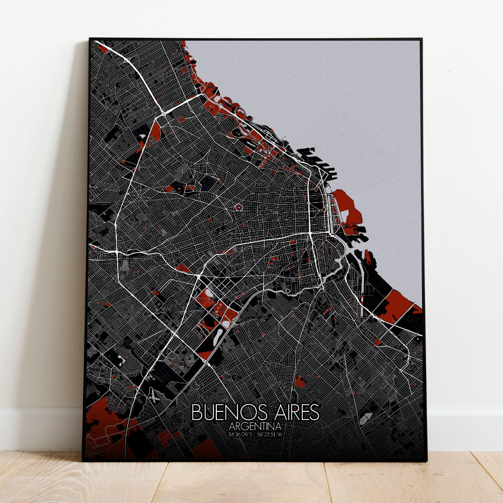 Mapospheres Buenos Aires Red dark full page design poster city map