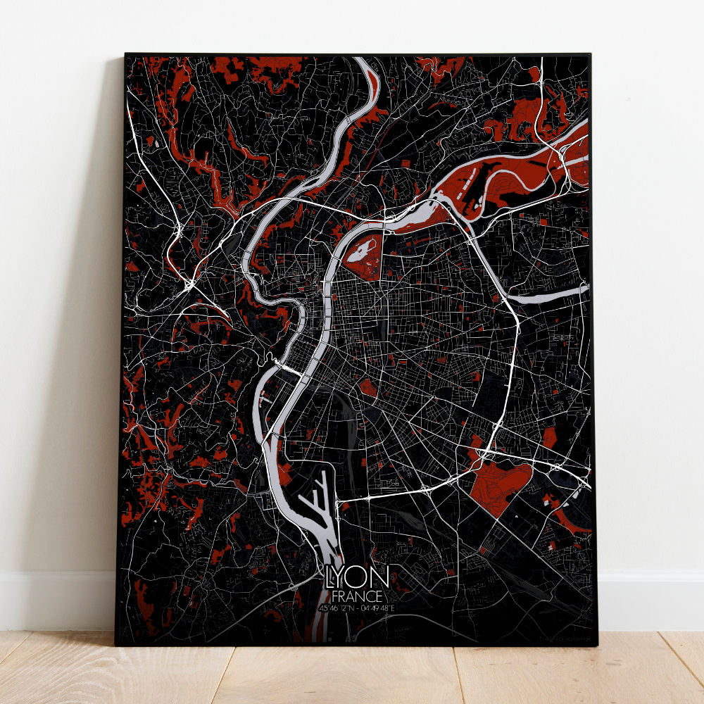 Mapospheres Lyon Red dark full page design poster city map