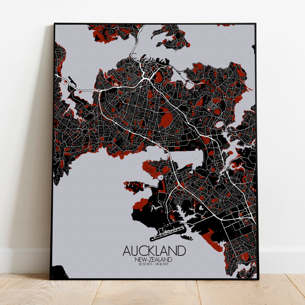 Auckland Red dark full page design poster city map