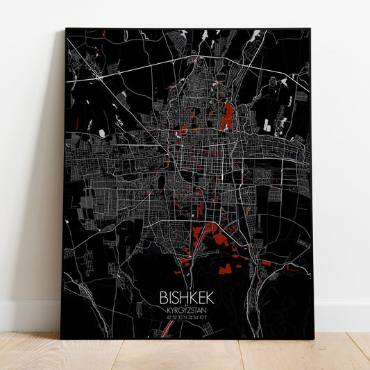 Mapospheres Bishkek Red Dark full page design poster city map