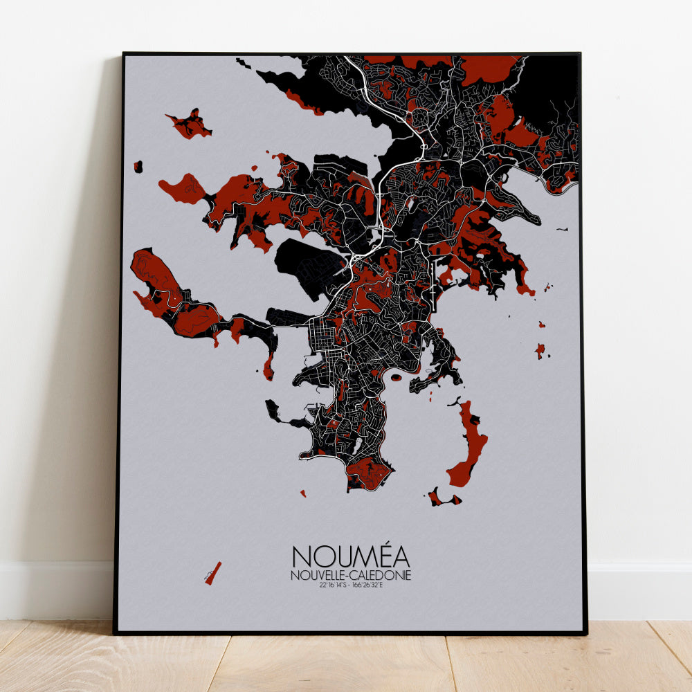 Mapospheres Noumea Red dark full page design poster city map